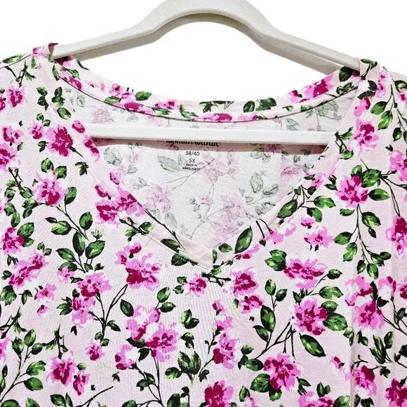 New PINK BLOSSOM VINE FLORAL V-NECK SHORT SLEEVE TEE 5X SPRING SUMMER - Picture 1 of 6